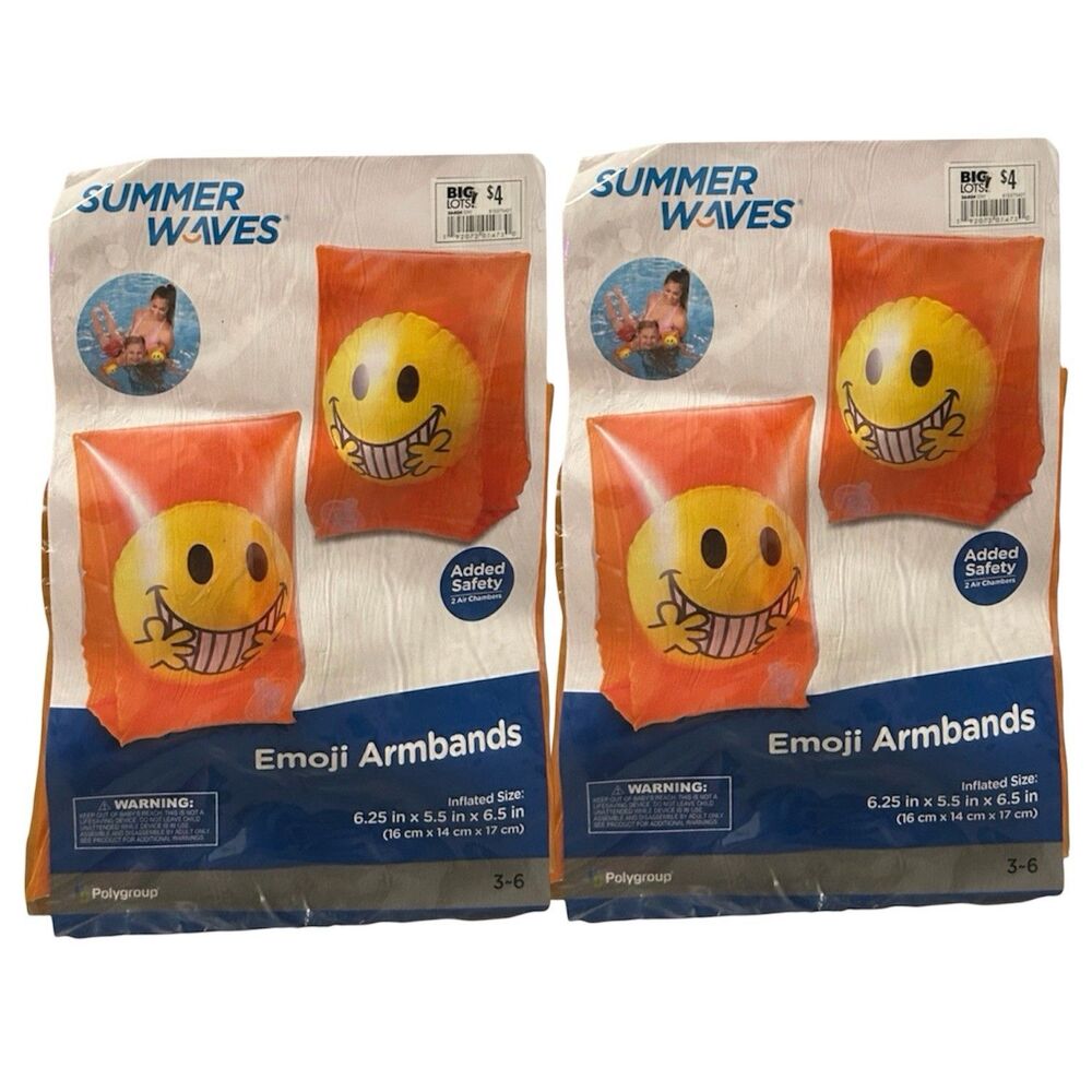 2x Summer Waves Emoji Armbands Added Safety 2 Air Chambers Orange Ages 3-6